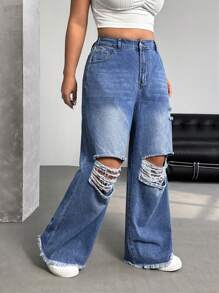 SHEIN Essnce Jeans de mujer talla grande desgastados, moda minimalista adecuada para el verano