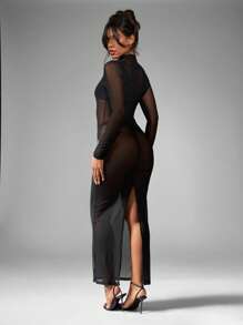 MISSGUIDED Long Sleeve Sheer Mesh High Neck Midaxi Bodycon Dress Club Party Evening Elegant Split Back Overlay Special Occasion Night Out - Black - View 2