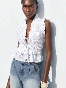 Maija 2025 春夏新款时尚休闲度假百褶领带设计舒适女士百褶衬衫，适合音乐节、海滩度假、休闲、浪漫都市度假、派对、婚礼、毕业季 - 白色 - 查看 3