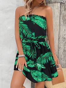 Breezaya 女士度假风花卉印花荷叶边下摆短款吊带背心连衣裙 - 綠色 - 查看 3