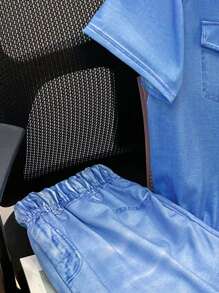 2pcs/Set Tween Boys Casual Vacation Washed Pattern Collar Open Short Sleeve Shirt And Loose Woven Shorts Set, Suitable For Commuting, School, Daily Casual, Vacation, Sports, Spring/Summer/Autumn/Winter - Baby Blue - View 4