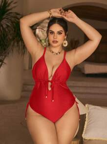 Swim Chiccia Elegant Solid Color Metal Pendant Decor Adjustable Strap Plus Size One Piece Swimsuit, Perfect For Summer Beach - Red - View 7