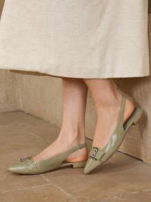 MOTF PREMIUM POINTED TOE BUCKLE DETAIL COMFORTABLE FLAT SHOES FOR WOMEN - Olive Green - View 2