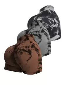 SHEIN Velisys 3 件套扎染运动短裤女士运动短裤、健身短裤、骑行短裤 - 彩色 - 查看 1