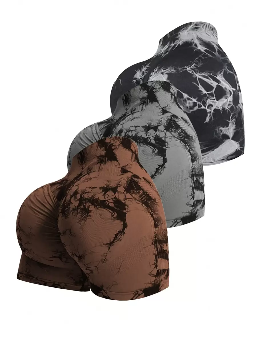 SHEIN Velisys 3 件套扎染运动短裤女士运动短裤、健身短裤、骑行短裤 - 彩色 - 查看 1