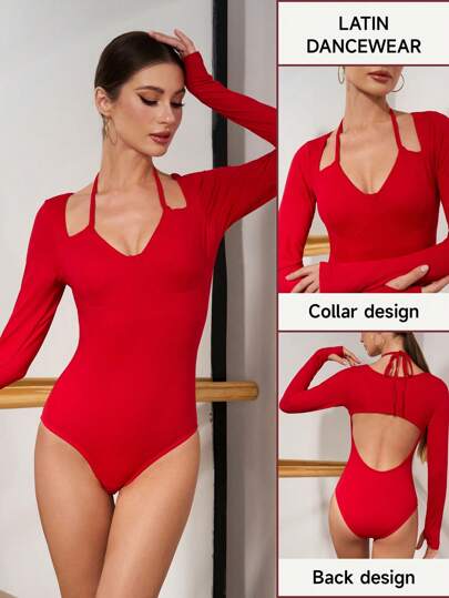 Dansine 1 件装女士纯色长袖露背吊带连体裤舞蹈服