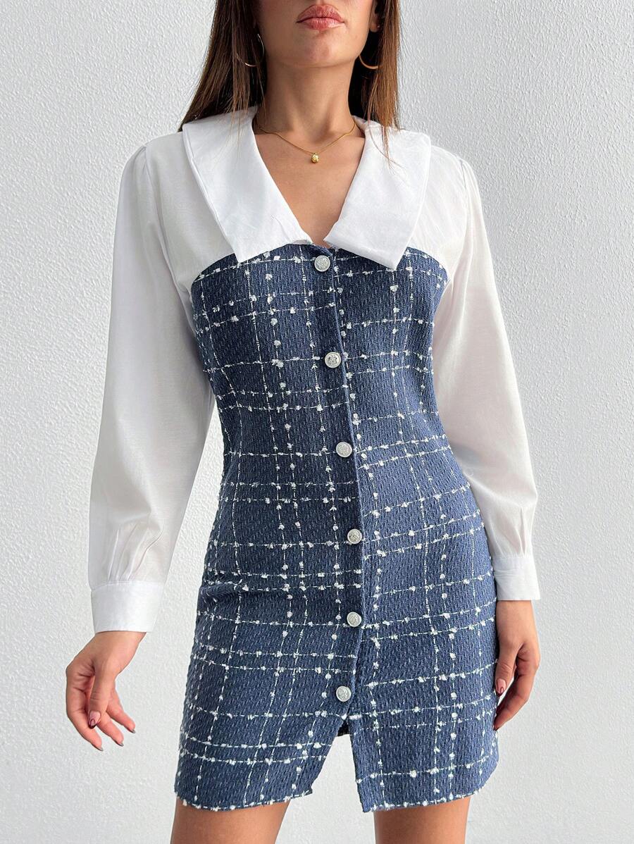RueChic Women's Collared Long Sleeve Plaid Fitted Color Block Mini Dress - Navy Blue - View 1