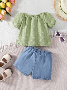 Baby Girl Summer Collection Green Sweet Casual Embroidered Butterfly Pattern Puff Sleeve Top Paired With Denim Shorts Set. - Multicolor - View 2