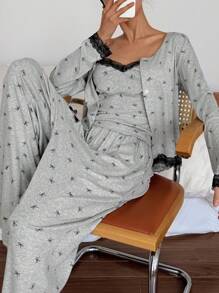 DAZY 3pcs/Set Spring Bow Allover Print Color Block Lace Patchwork Camisole Top & Pants Pajama Sleepwear Set - Grey - View 3