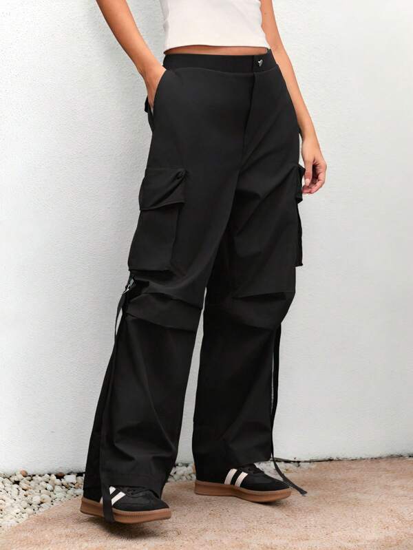 Manfinity Unisex Unisex Casual Woven Elastic Waist Wide Leg Solid Color Multi Pocket Cargo Pants, Suitable For Daily Wear