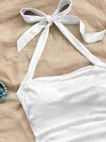 Soleia 2 pezzi Top di canottiera con stampa floreale ditsy blu su scollo a oliva e schiena scoperta, con pieghe, adatto per donna, ideale per vacanze al mare