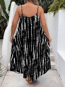 SHEIN CURVE+ Plus Size Summer Tree Pattern Spaghetti Strap Backless Loose Comfortable Vacation Dress, Suitable For Resort And Beach Y2k - Black and White - View 2