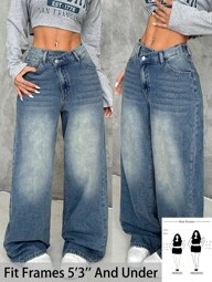 SHEIN PETITE CURVE Plus Size Women Asymmetrical Waist Vintage Blue Loose Straight Leg Jeans Summer,Vacation Woman,Easter,Spring,Western,Office For Women,Rave,Baby Shower ,Cottagecore,Country Women,Old Money Style Women,Going Out,Festival,Rodeo,Airport For Women,Kpop,Tropical Vacation Woman,Nashville,European Summer,Concert,Cowgirl,Graduation,Gyaru,Hippie,Grunge,Baggy Jeans Women,Flowy Pants