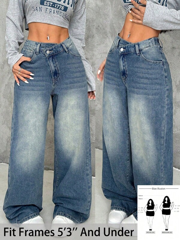 SHEIN PETITE CURVE Plus Size Women Asymmetrical Waist Vintage Blue Loose Straight Leg Jeans Summer,Vacation Outfits Woman,Easter,Spring,Western,Office Outfits For Women,Rave Outfits,Baby Shower Dress,Cottagecore,Country Outfits Women,Old Money Style Women,Going Out Outfits,Coquette,Festival Outfits,Rodeo Outfit,Airport Outfit For Women,Kpop,Tropical Vacation Woman Clothes,Nashville Outfits,European Summer,Concert,Cowgirl Outfit,Graduation Outfit,Gyaru,Hippie,Grunge,Baggy Jeans Women,Flowy Pants