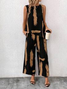 SHEIN Clasi 2pcs Sleeveless Blouse & Pants Set, Women Brush Print