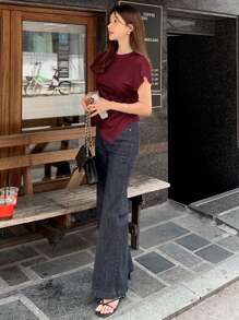 DAZY Women Fitted Asymmetrical Hem Cinched Waist T-Shirt Summer - Burgundy - View 7