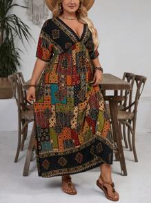 SHEIN VCAY 大码拼布印花休闲度假连衣裙 - 彩色 - 查看 3