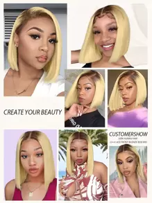 13*4 Short Straight Bob Wigs Frontal Lace 180% Density Human Hair Ombre4/613# Frontal Bob Wig - S4/613 - View 10