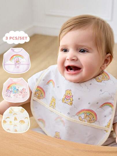 SHEIN X Care Bears 3pcs/Set 6-36Months Baby/Toddlers Waterproof Bibs, TPU Material, Protective, Stain-Resistant,Soft & Lightweight, Foldable & Portable, Suitable For Feeding