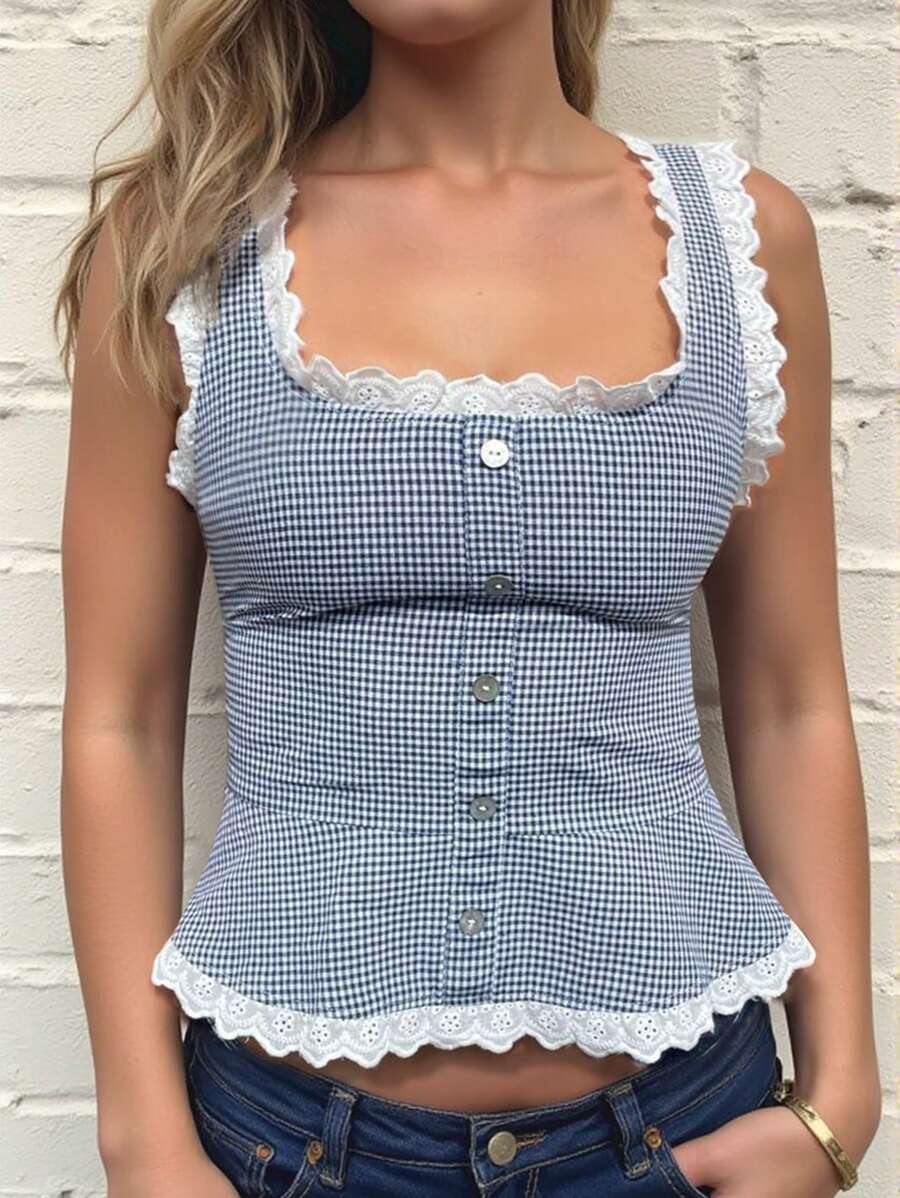INAWLY Casual Plaid Lace Trim Tank Top, Summer - Blue - View 1