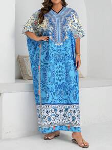 Al Najma Robe arabe à manches chauve-souris à imprimé floral pour femmes grandes tailles, convient pour les vacances - Bleu azur - Voir 3