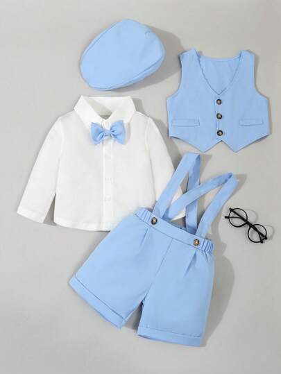 SHEIN Conjunto informal para bebé niño con camisa de manga larga de unicolor con botones, chaleco y pantalones cortos de peto, incluye gorra