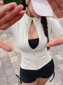 DAZY Women Solid Color Elastic Mock Neck Fitted Long Sleeve Jacket, Sportswear & Casual, Spring/Autumn - White - View 5