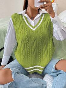 Flirla Sleeveless Sweater Vest, Solid Color, Minimalist Fashion, Suitable For Summer - Green - View 1