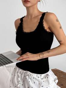 DAZY Women's Lace Patchwork Backless Built-In Padded Fitted Camisole Top - Black - View 5