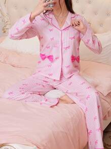 SweetSlumber 条纹蝴蝶结装饰女士粉色睡衣套装，简约时尚，适合夏季 - 彩色 - 查看 5
