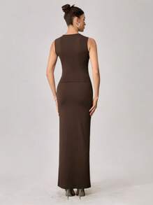 SHEIN Tall Women's Summer Casual Bottoming Sleeveless Long Skirt Slim Fit Suit Is Elegant And Suitable For Parties And Dates - Brown - View 3