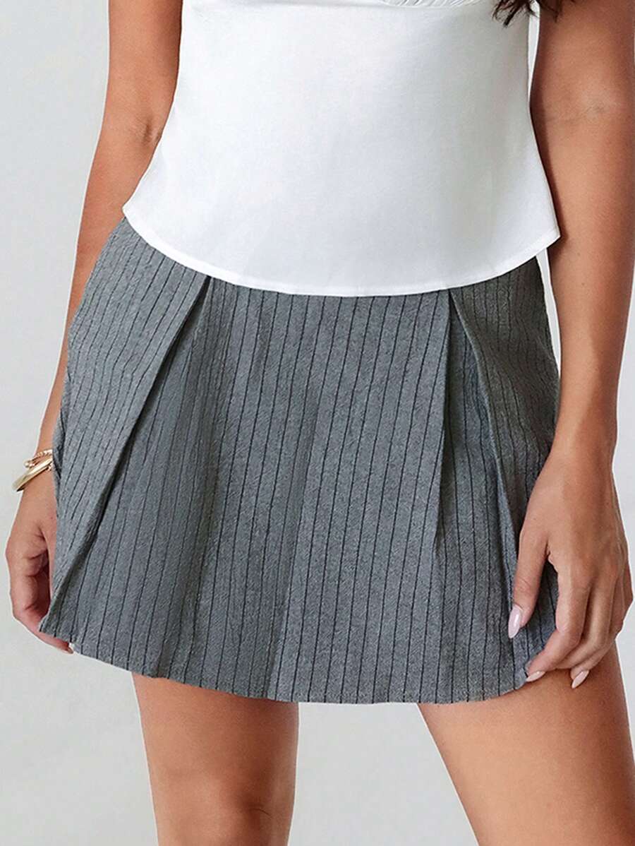 Roylia Women's Elegant Striped Pleated A-Line Knee Length Skirt With Pockets - Dark Grey - View 1