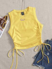 Comfortcana 大码女式针织休闲纯色侧抽绳背心 - 黃色 - 查看 1