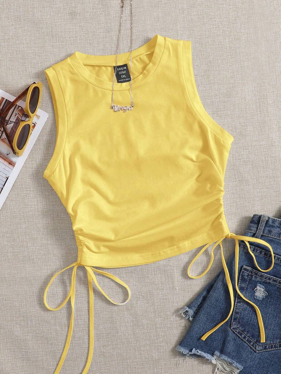 Comfortcana 大码女式针织休闲纯色侧抽绳背心 - 黃色 - 查看 1
