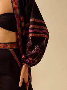 CAJUNI Women's Boho Colorful Coconut Tree & Mushroom Print Lantern Sleeve Loose Kimono-Style Beach Cover Up, Summer Resort - Multicolor - View 4