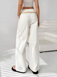 SHEIN EZwear Women's Summer Casual, White Holiday Casual Retro Western, Braided Belt, Loose Casual Trousers, Free Belt