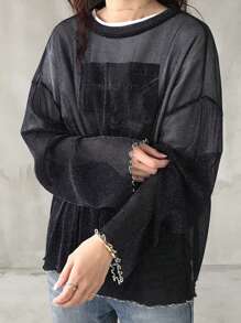 FRIFUL Women's Loose Blue Mesh Sheer Overlay Round Neck Top, Layered Design For Spring/Summer Long Sleeve Women Tops - Black - View 3