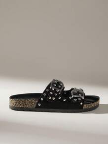 Solecia Giày sandal đế bằng bằng da lộn màu đen thời trang cho nữ, thích hợp để đi làm, hẹn hò, tiệc tùng, đi bộ, đi nghỉ - màu đen - Xem 4
