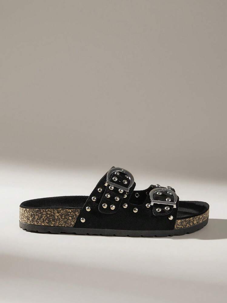 Solecia Giày sandal đế bằng bằng da lộn màu đen thời trang cho nữ, thích hợp để đi làm, hẹn hò, tiệc tùng, đi bộ, đi nghỉ - màu đen - Xem 4