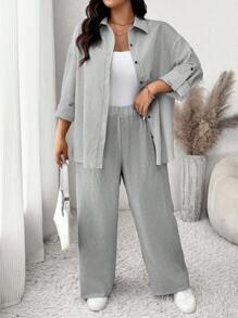 SHEIN Frenchy Bộ đồ 2 món rộng rãi thường ngày họa tiết sọc xanh trắng cỡ lớn dành cho nữ - Đen và trắng - Xem 1