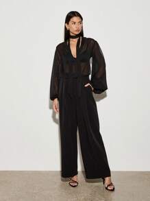 AiiRZ Sheer Wrap Long Balloon Sleeves Top With Long Scarf