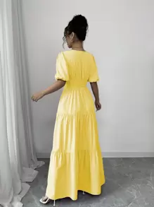 Rafferiza Elegant Casual V-Neck Ruched Flounced Hem Puff Sleeve Dress, Purple Color, Spring/Summer - Yellow - View 2