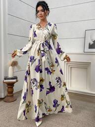 Modelyn Women's Regular Cross V-Neck Tie Waist Long Sleeve Printed Dress