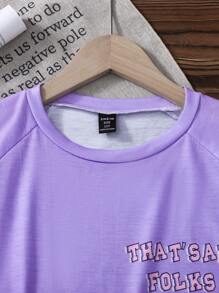 SHEIN Tween Girl Spring/Summer T-Shirt, Short Sleeve Loose Tee, Lavender Color, Cute Style, Casual & Comfortable, Minimalist Design, Funny Digital Printing "That's All Folks" On Front, Rabbit Graphic With Pockets And Expression On Back, Matching Family/Sister Wear