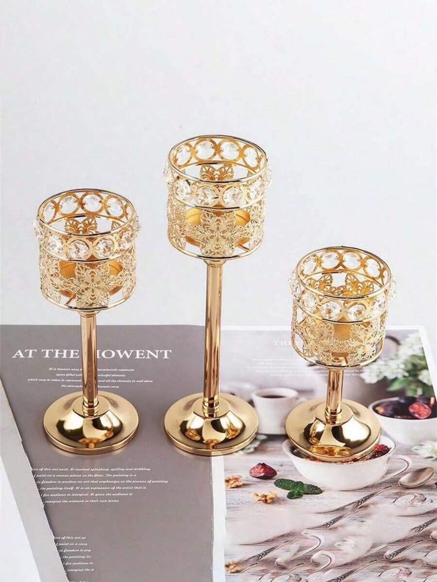 SHEIN 1PC Crystal Candle Holder In 3 Sizes. Wedding Table Center Piece With Tea Lamp Candle Holder, Candlelight Dinner, Dining Table Decoration, Fireplace Candle Holder With Tea Lamp Candle Holder, Home Living Room Decoration, Candle Holder,Gifts - Gold - View 1