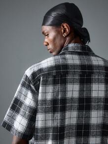 NEON BLANC Men Stylish Street Grid Pattern Rhinestud Spider Web Embroidery Short Sleeve Woven Shirt , Plaid Shirt - Black and White - View 5