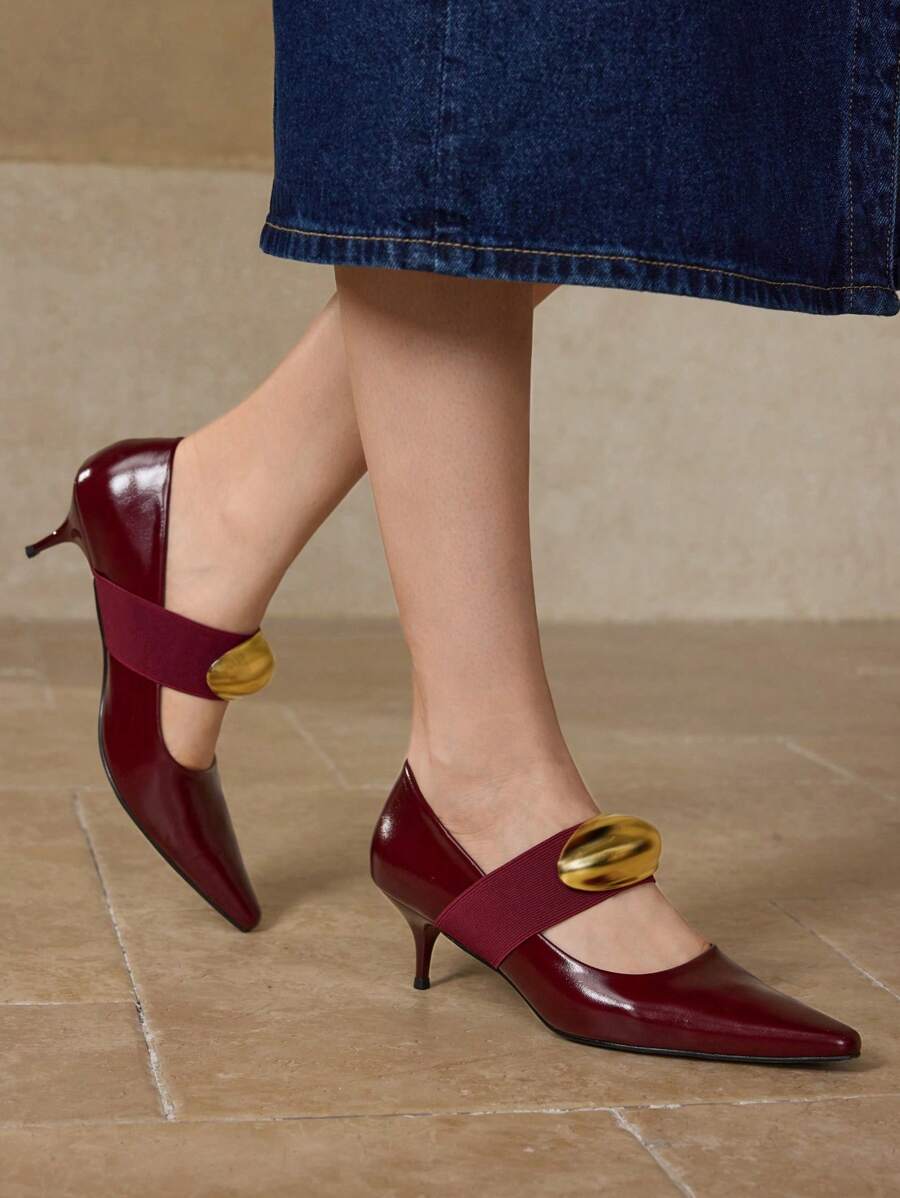 MOTF PREMIUM POINTED TOE METAL DETAIL LOW HEEL WOMEN ELEGANT COMMUTING PUMPS, FOR VALENTINE'S DAY PROM HEELS - Burgundy - View 1