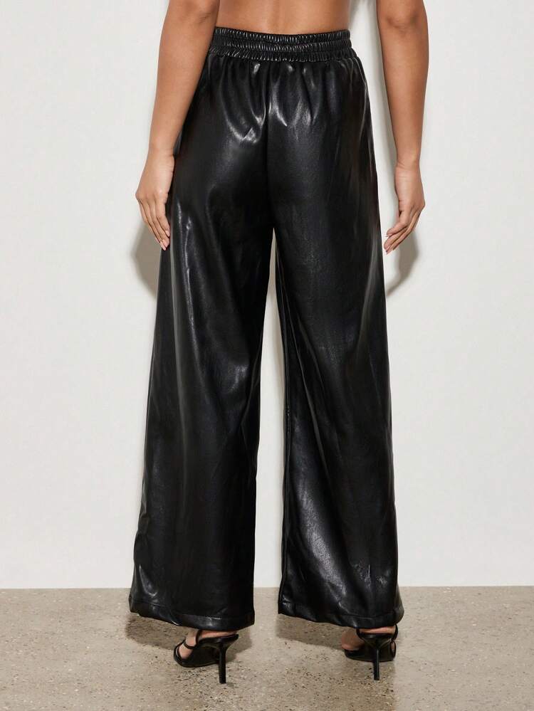 AiiRZ Faux Leather Wide Leg Trousers With Elastic Waist For Fall Winter, Luxe High-Rise Pants With Side Pockets, Versatile Fashion Statement Piece