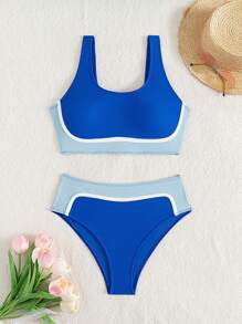 Swim SPRTY Bộ bikini thể thao 2 mảnh họa tiết ghép nối dành cho nữ - Màu xanh lam - Xem 6