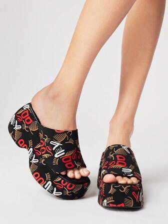 Women Gothic Style Print Black Square Toe Platform Slip-On Sandals, Halloween